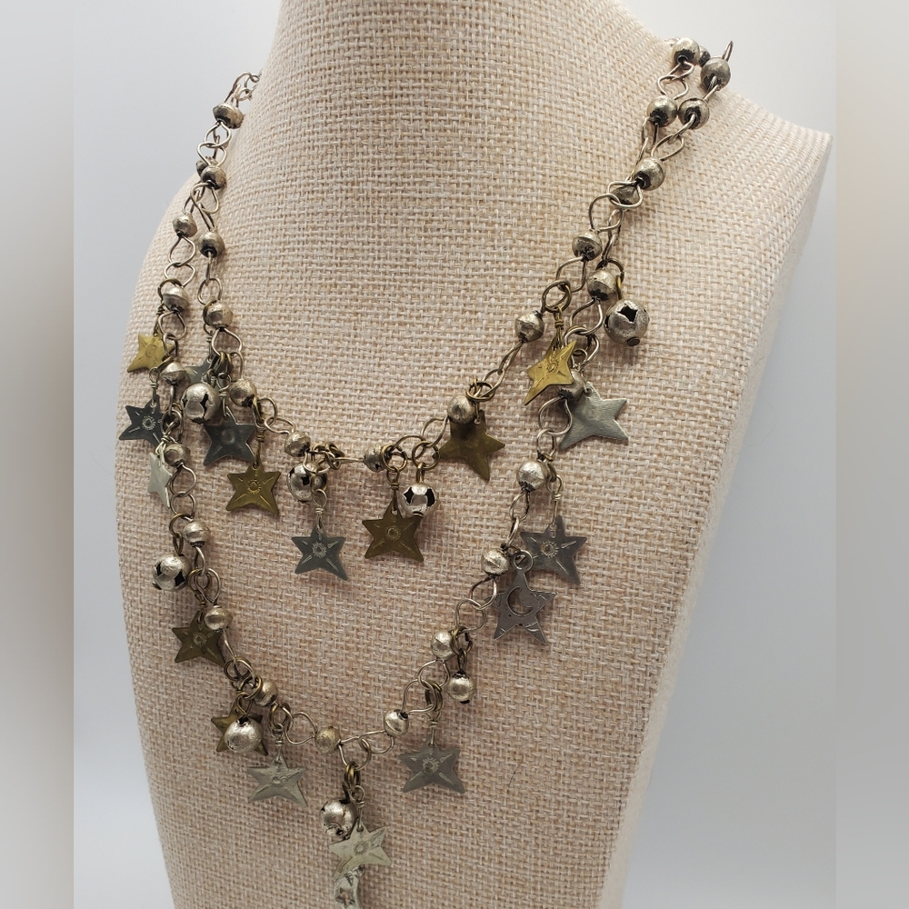 70s Vintage Boho Gypsy Necklace Star Charms Multi Layer Metal.Fun And Funky